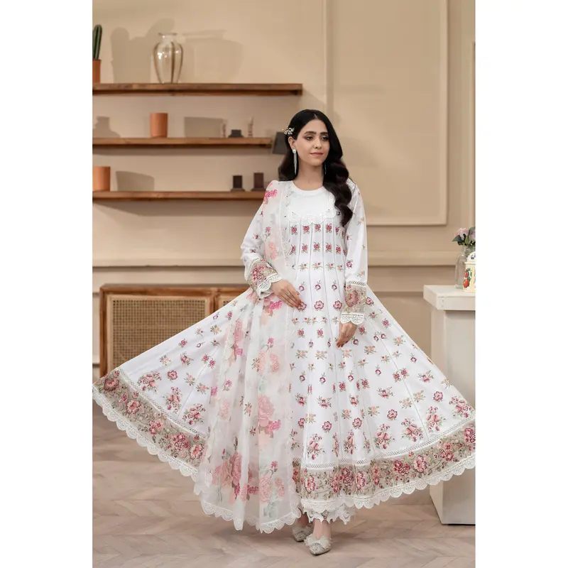 KC-1436 Embroidered Cambric Cotton long Frock Dress Ready to Wear 3 Pc - Karma Collection 8