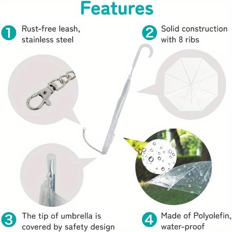 Small Dog Pet Umbrella, Foldable Transparent Rain Snow Protection Umbrella with Leash Chain, Plastic Material, Hand Wash Only 2