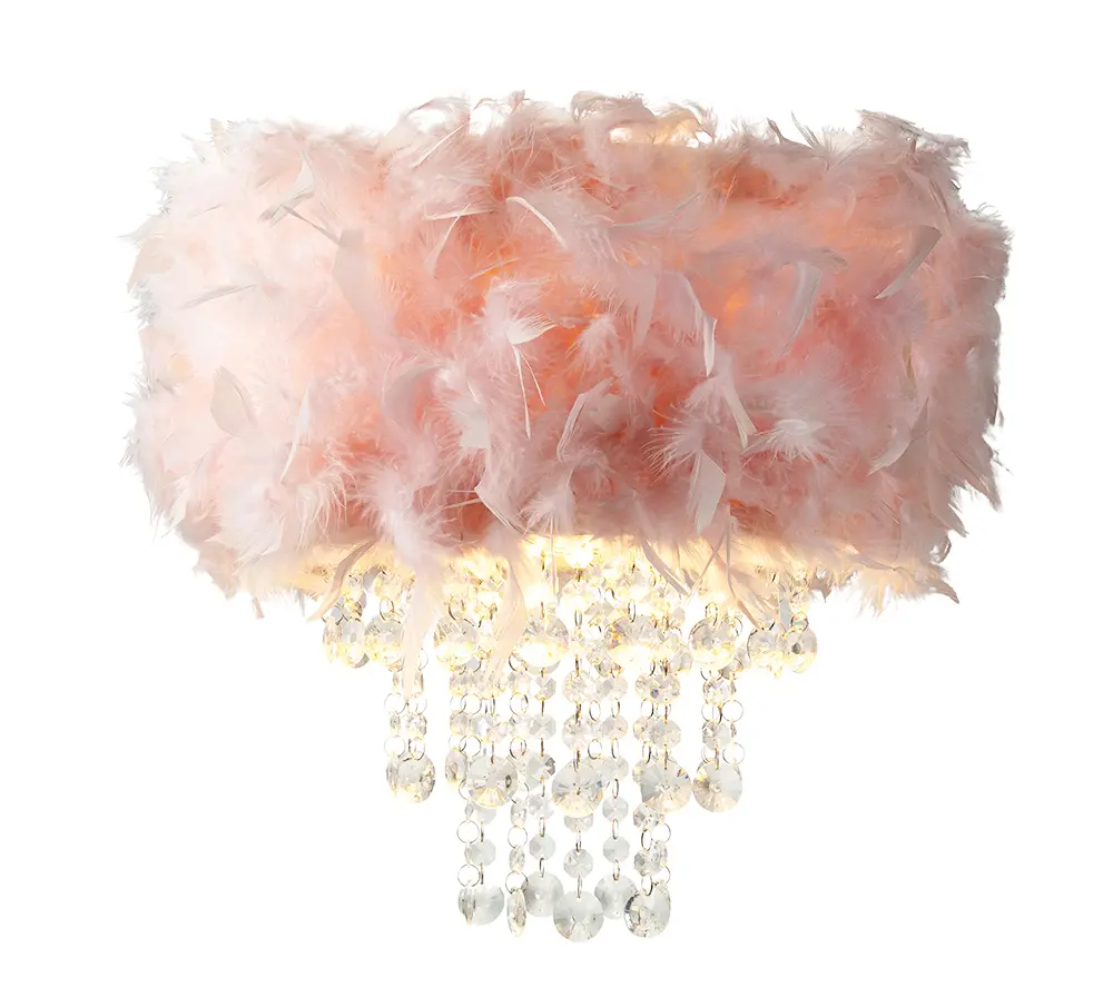 Contemporary Pink Feather Pendant Light Shade with Transparent Acrylic Droplets
