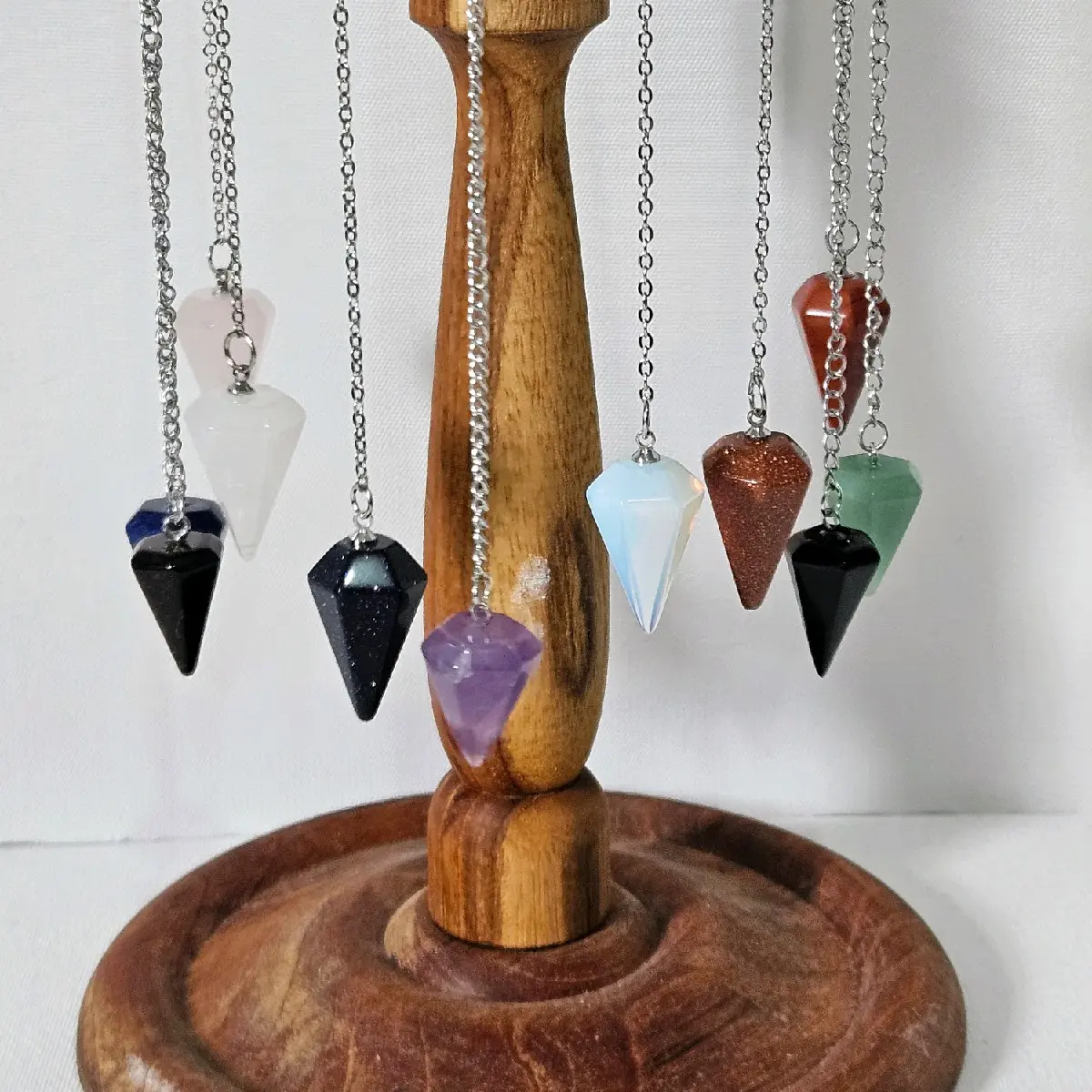 crystal pendulum - crystal size 2cm. green aventurine, amethyst, blue sandstone, orange sandstone, opalite, clear quartz, rose quartz, tiger eye, lapis, red jasper, or black obsidian