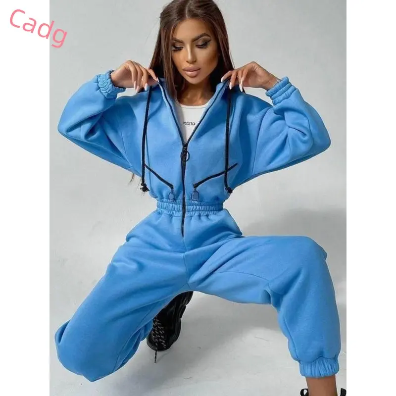 Women's Solid Drop Shoulder Drawstring Hooded Jumpsuit, Casual Long Sleeve Zipper Jumpsuit for Fall & Winter, Women's Clothes for Daily Wear 1