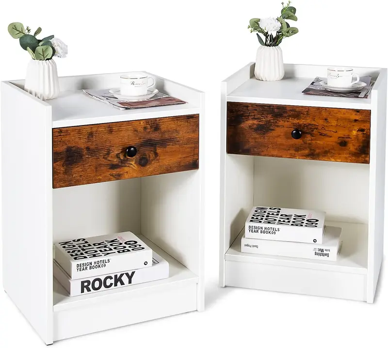 COSTWAY Set of 2 Bedside Tables, Wooden Nightstand Sofa Side Table, Home Living Room Bedroom 2 PCS End Tea Tables Storage Organiser Unit 0