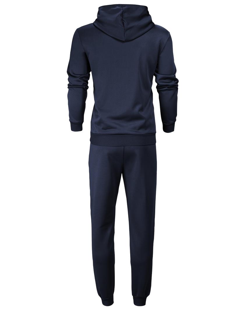 Product Introduction of 1set Polyester Men's Casual Sports Suit, Hooded Sweatshirt and Jogger Pants Set with Elastic Waist, Cuffed Ankles, Pockets, Regular Fit for Outdoor Running and Jogging - Spring/Autumn Collection 5