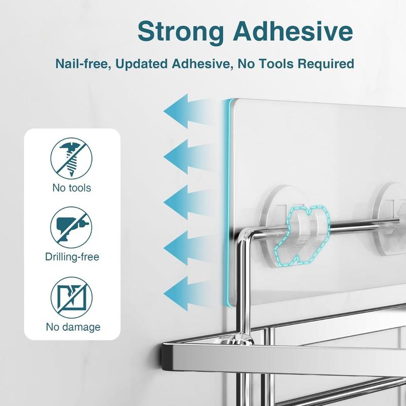 Product Introduction of Shower Caddy 2Pack No-Drilling Organiser Bathroom Caddy Shower Storage Bathroom Shelf Rack Bathroom Accessory Shower Holder with Adhesive Silver 11.8 x 4.3‘’ 3