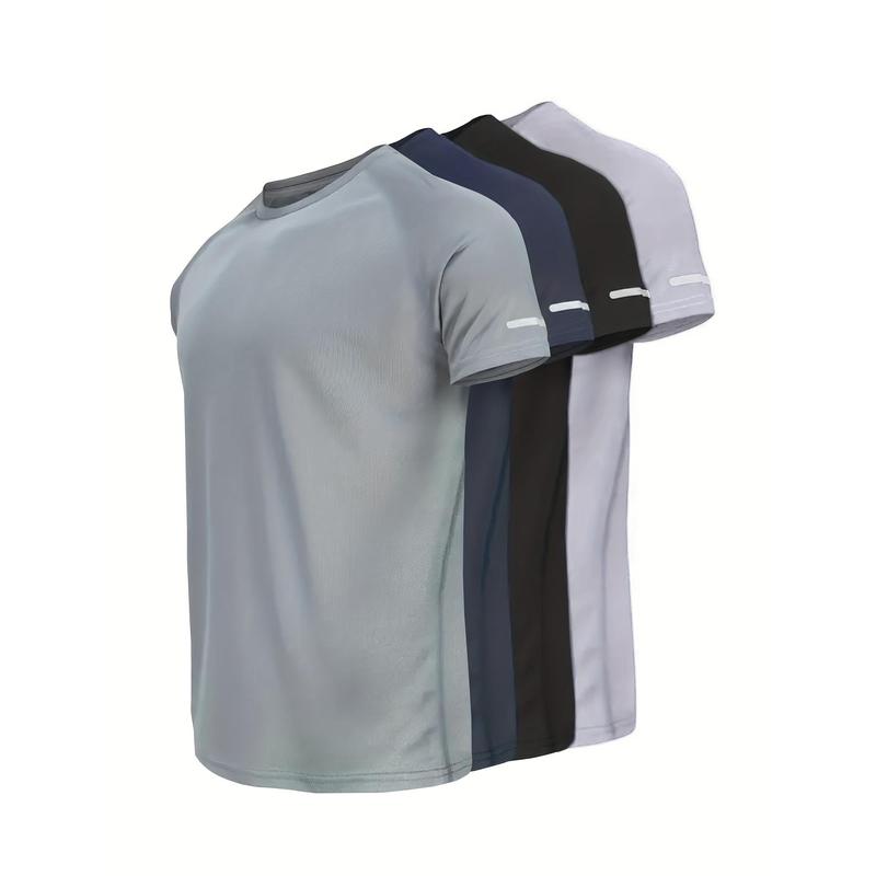 4pcs Men's Premium Solid Sports T-Shirts - Breathable Quick-Dry Crew Neck Tees for Gym Fitness Running - Moisture-Wicking Reflective Strips for Enhanced Visibility 0