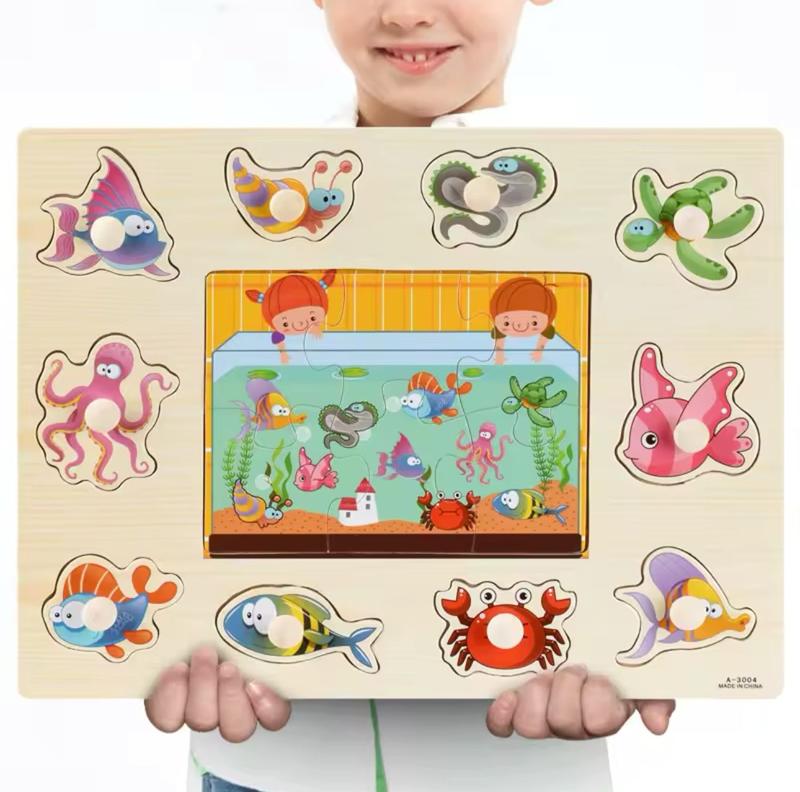MONTESSORI WOODEN PUZZLES: Hand Grab Boards, Tangram, Jigsaw Educational Toys featuring Cartoon Vehicles, Animals, and Fruits in 3D Puzzles 5