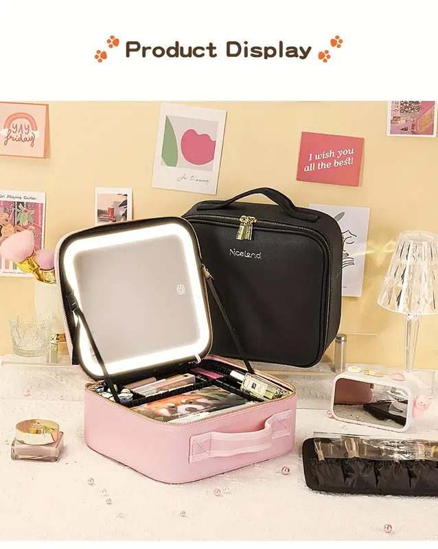 Travel Makeup Bag with LED Light Mirror 3 Color Adjustable Brightness, Waterproof Cosmetic Case Organizer with DIY Dividers, Toiletry Makeup Case Christmas Gift for Her 4