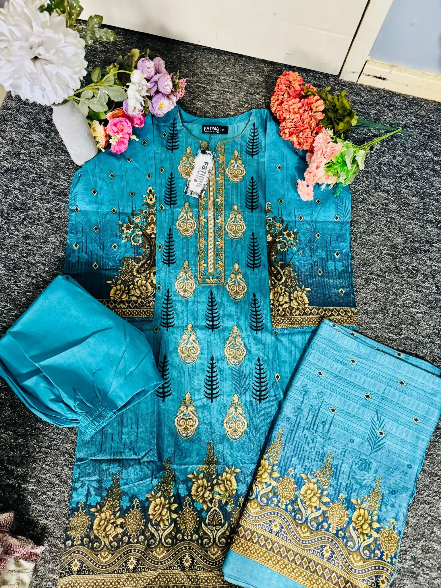 Blue Colour 3pc Fatima Designer Classic Dhanak Sequence EMB With Wool Shawl 3 Piece Readymade Fancy Dhank Shirt With Wool Shawl 3 Piece Suit Embroidery Daman Bazo lace Border & Matching Trouser Embroidered Long Sleeve Ethnic Shirt Matching wool Shawl