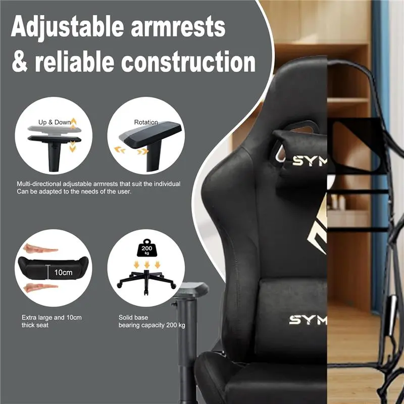 Gaming Chair, Computer Chair with Footrest, Headrest and Lumbar Support, Ergonomic PC Chair, Height Adjustable Rotating Task Chairs, Black 2