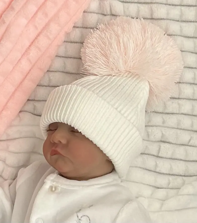 DINKY BABIES KNITTED WOOL POM POM HAT PINK BLUE WHITE