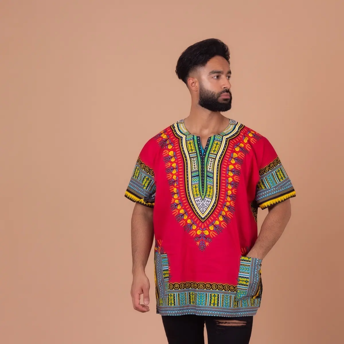 Unisex Short African Kaftan With Dashiki Print Pockets 100% Cotton UK with two pockets Menswear Top Shirts Underwear Man Tropical Shortsleeve Human Asian Crewneck Round Neck Clothing Traditional Breathable Cultural Dress Small Stylish Clothe Gamis