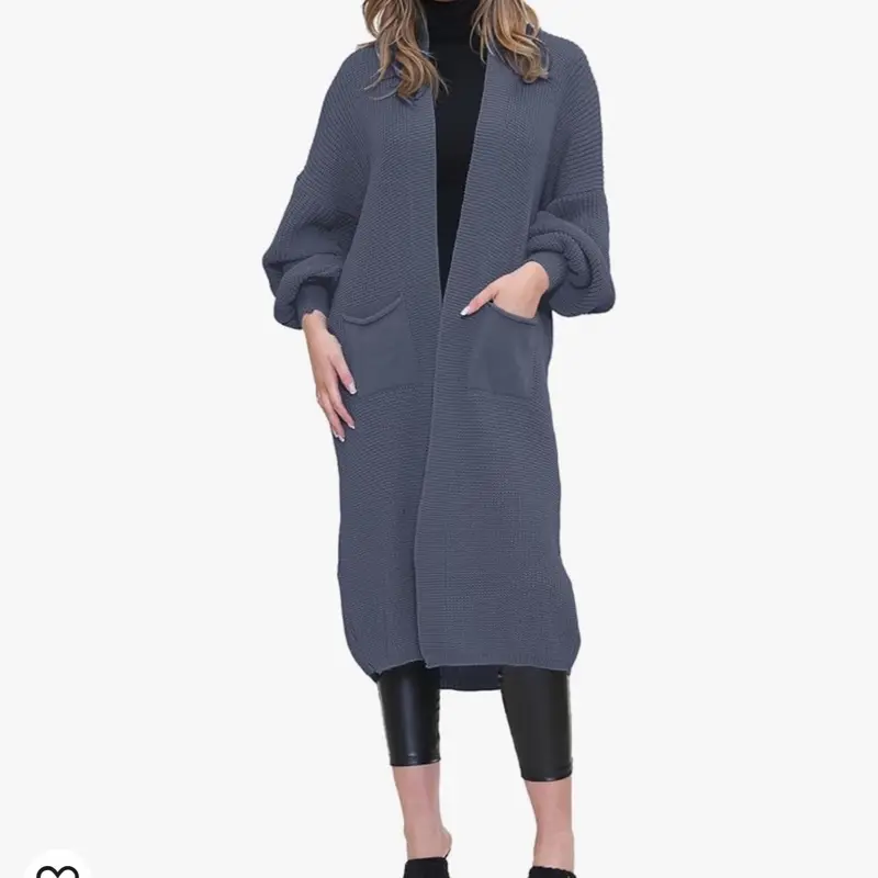 Long Ladies Balloon Sleeve Cardigan Oversized Pocket Chunky Weave Knitted Ribbed Jumper Comfort Knitwear 2