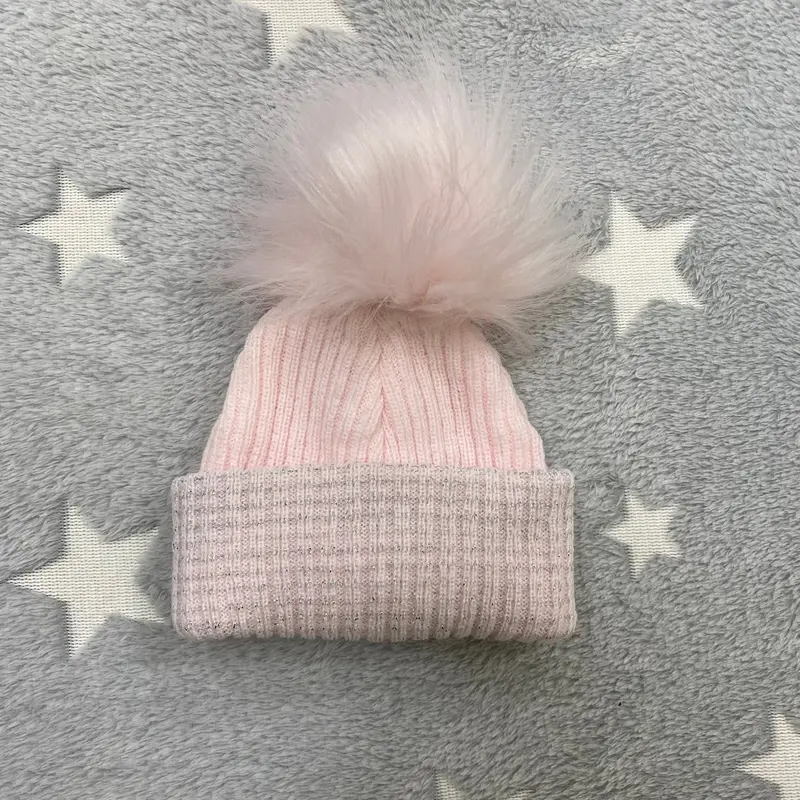 First Size Pink And Silver Ribbed Fur Single Pom Hat 3