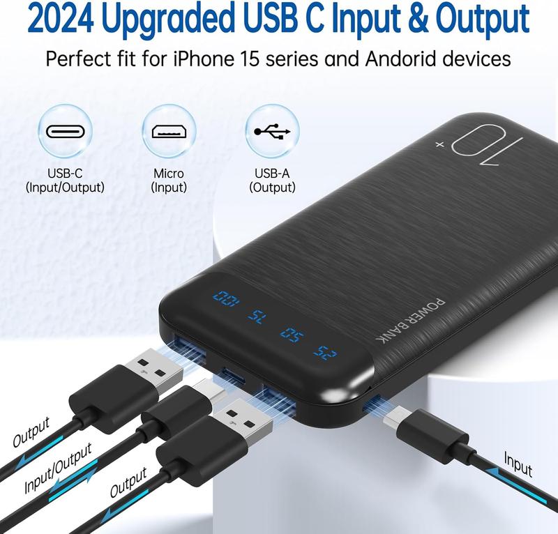 Power Bank 10000mAh Portable Charger Slim External Battery Pack with 2 USB 2.4A Outputs and USB C in/Out Compatible 4
