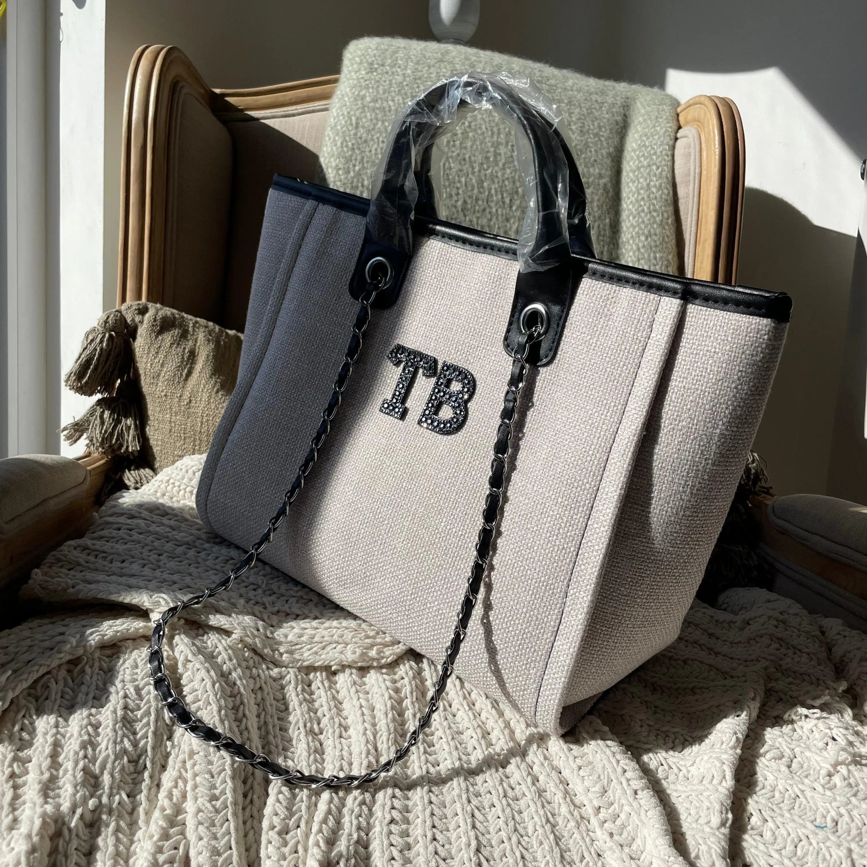 Personalised Matte Black Pearl Patch Chain Large Initial Tote Bags