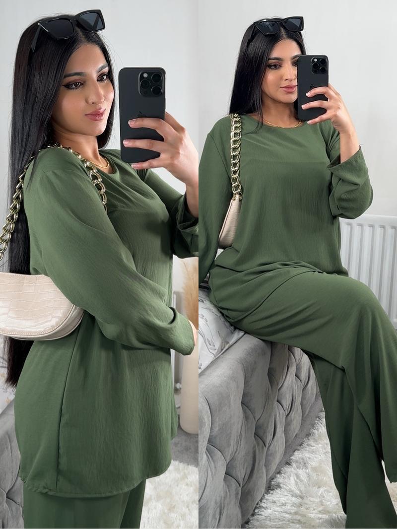 Product Introduction of Ladies Two Piece Set, Long Sleeves, Basic Round Neck top with Wide Leg Trouser, Ideal Summer Coord- Casual Womenswear One Size Fits 10-14 13