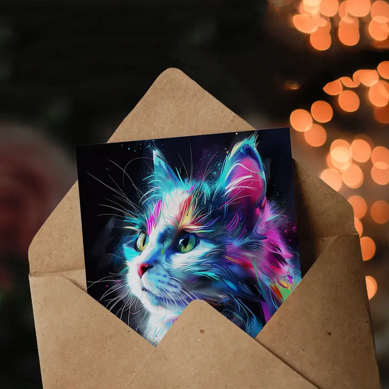 Birthday Card Colourful Neon Kitty Portrait Cat Lover Greeting Card 2