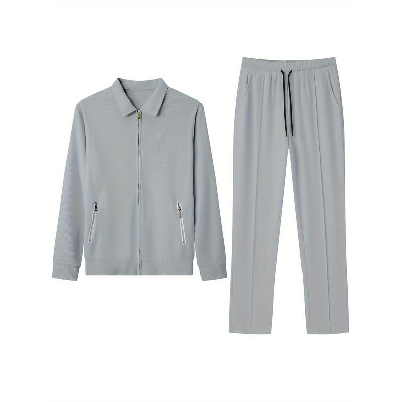 [2-Piece Breathable Comfy Outfit] Men's Casual 2-Piece Outfit, Solid Color Jacket & Drawstring Pants Set, Breathable Comfy Full Zip Jacket & Pants Set 5