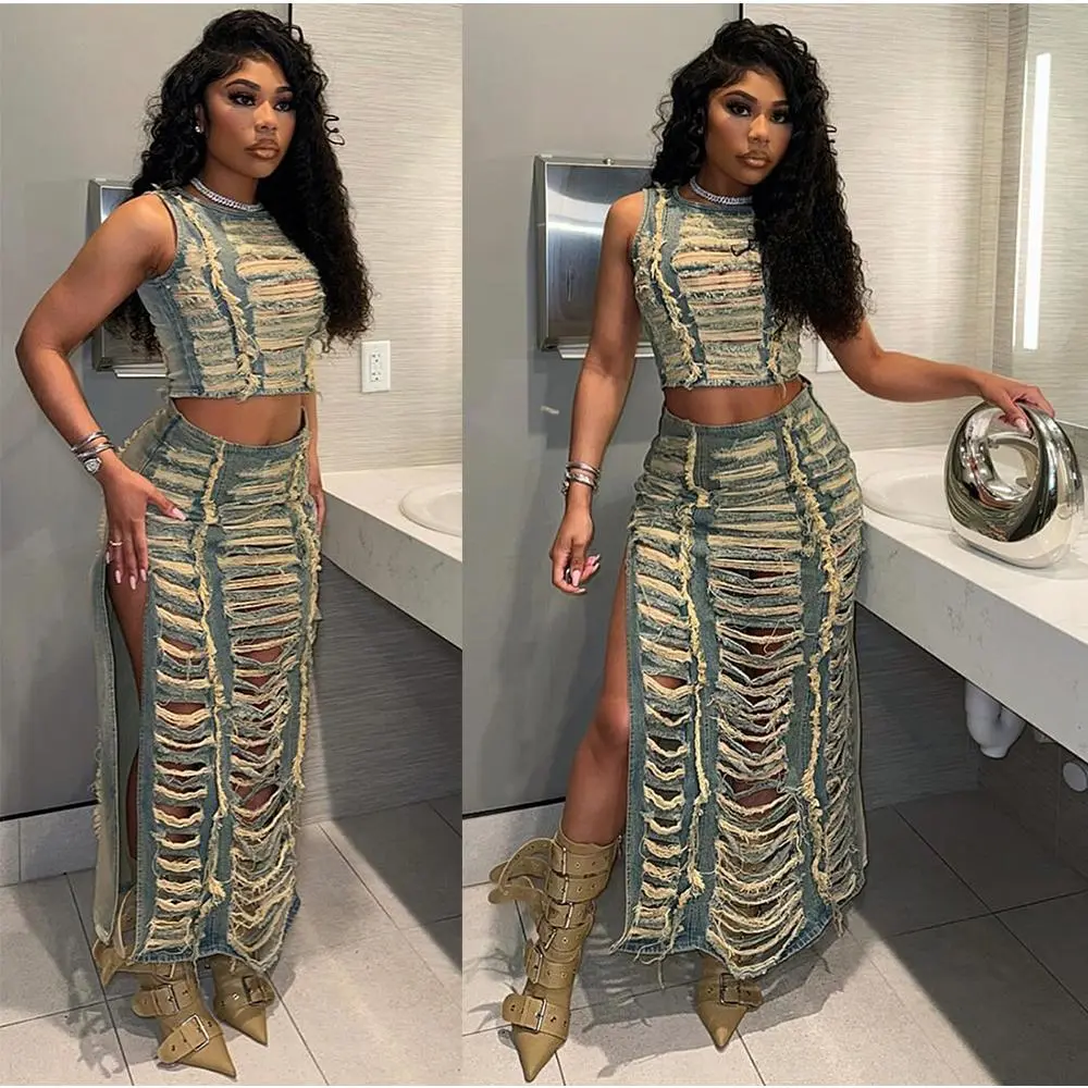 2025 Women's New Design Sense Hollow Sleeveless Vest High Waist Split Skirt Denim Dress Set