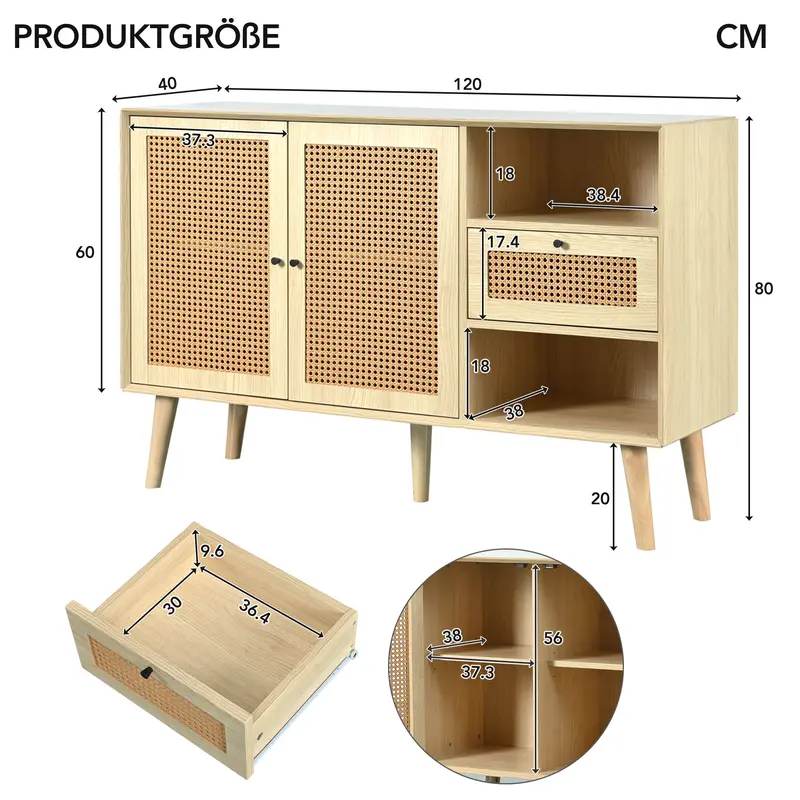 Modern simple sideboard 120*40*80cm, light-colored wooden woven door design, with drawers and unique legs, creating a warm and comfortable home atmosphere 3