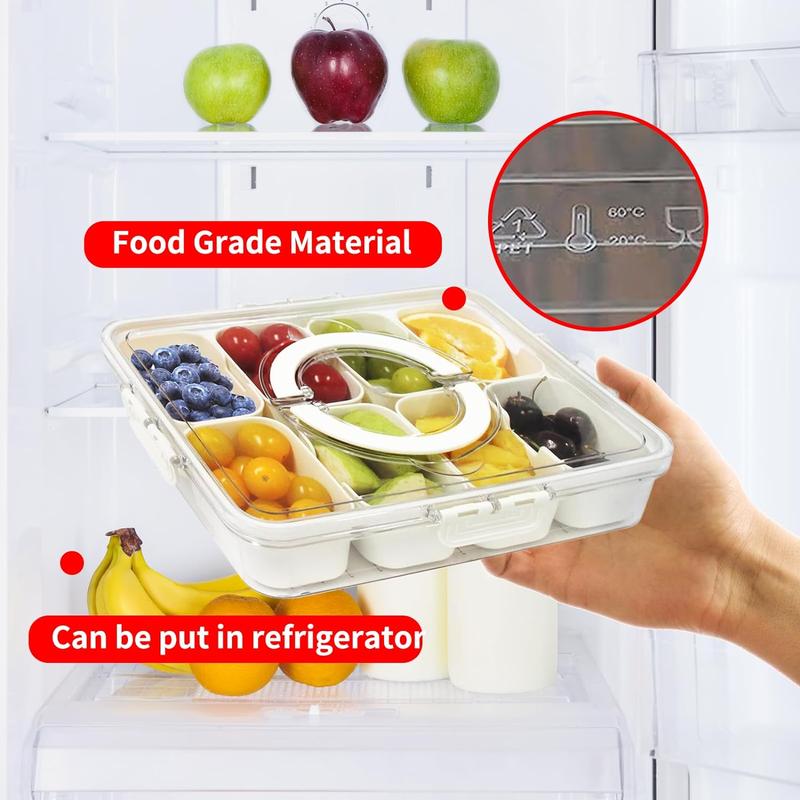 Divided Serving Tray with Lid & Handle, Snack Box Container , Plastic Portable Food Storage Container Snack Platters, 8 Removable Compartment Box for Parties, Reusable Appetizer Clear Organizer for Veggie, Candy, Fruit,Nut Kitchen Utensils Sturdy 3