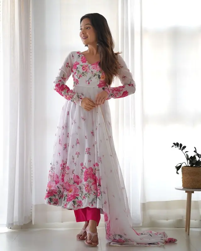 White Pink Flower Organza Printed Anarkali Dress & Dupatta Set 2