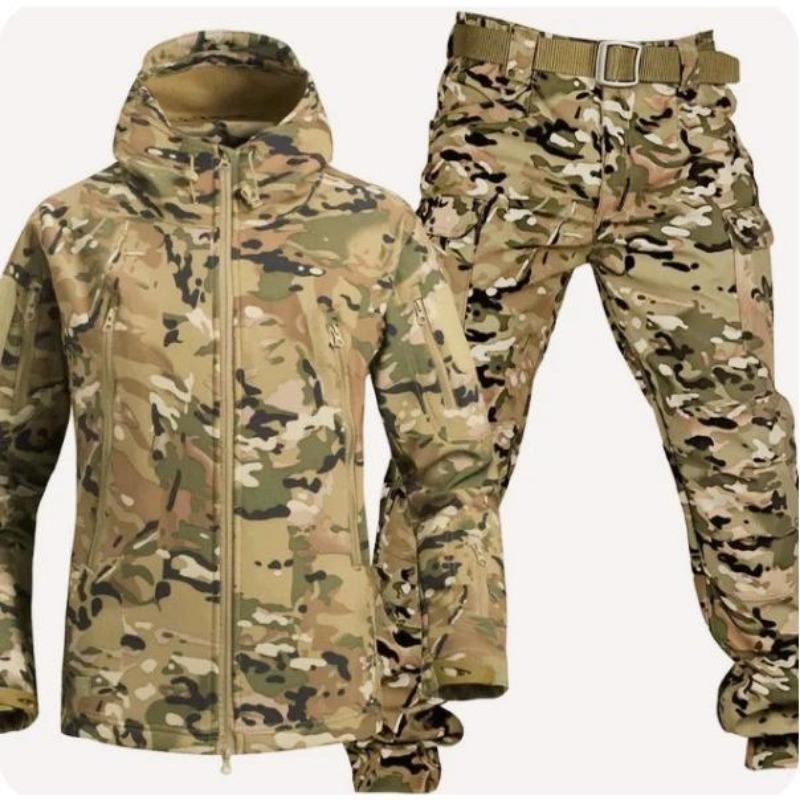 Waterproof Windproof Hooded Jacket and Pants, Soft Shell, Plush, Thickened, Outdoor Fishing, Cutting, Wear-Resistant,Winter, 5XL 5