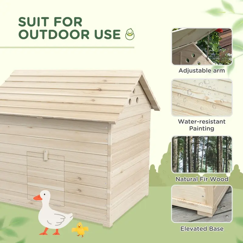 Wooden Duck House for 2-4 Ducks W/ Open Roof, Raised Base, Air Holes - Natural 3