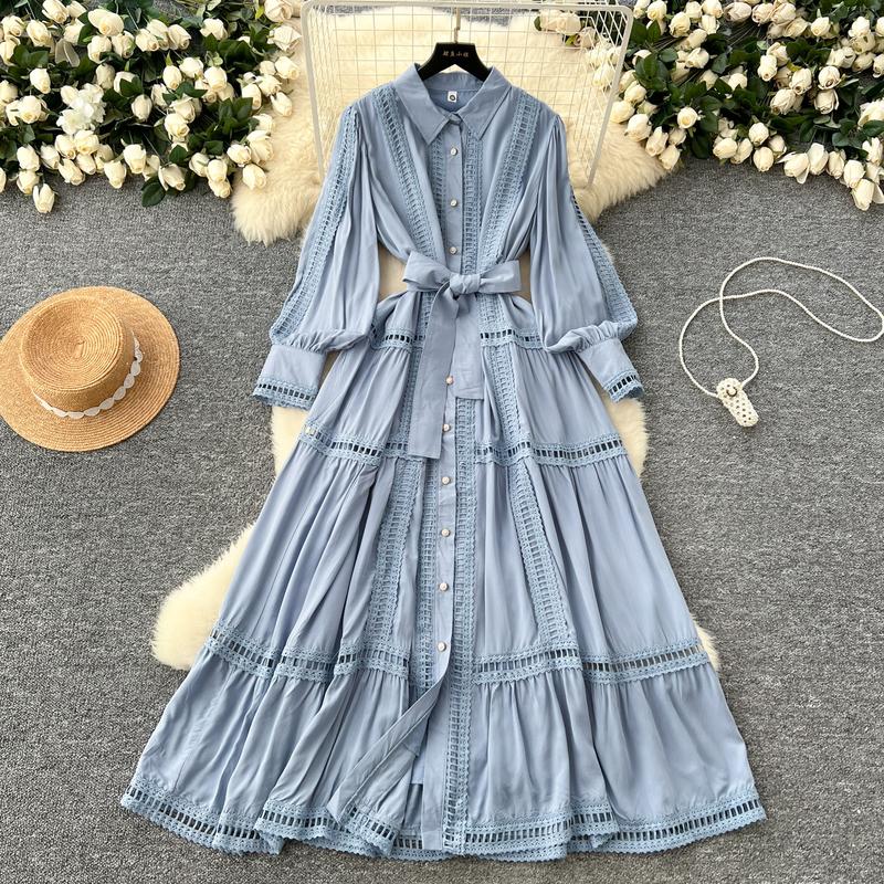 Boutique Wholesale 2024 Autumn New Fashionable Retro Hollow Lace Splicing Waist Slimming Single Breasted Women's Dress 4