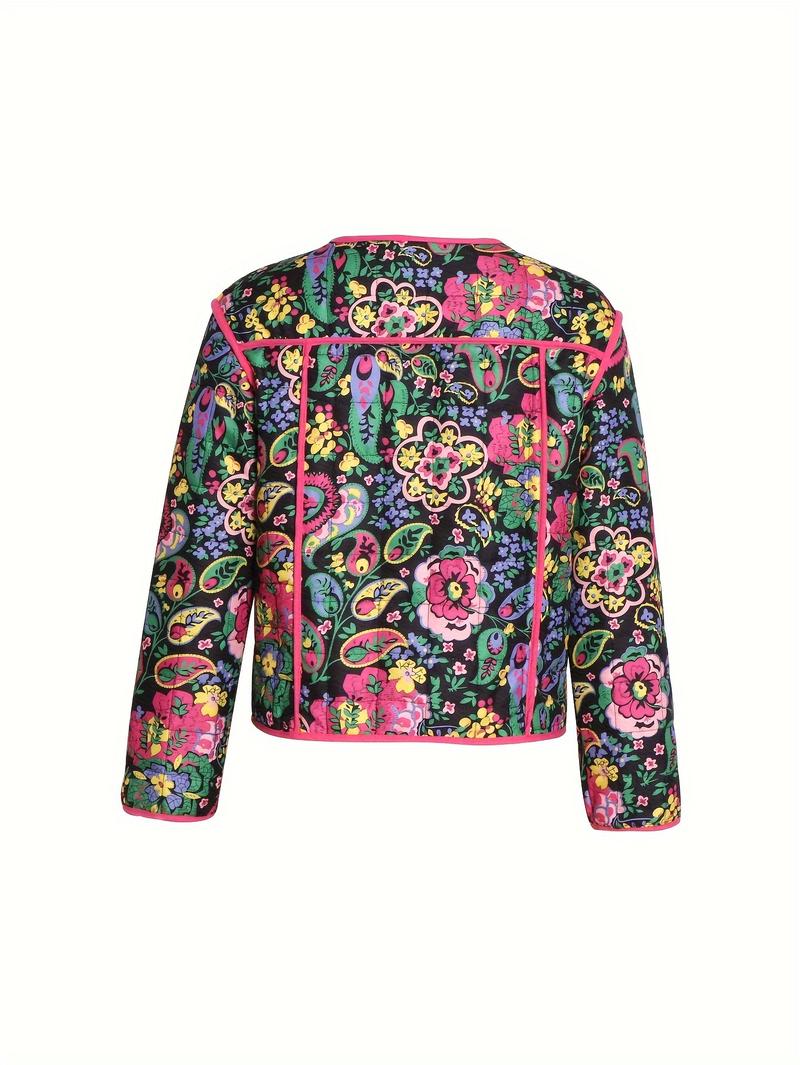 Product Introduction of Women's Vintage Floral Print Quilted Jacket - Polyester, Crew Neck, Vacation Style, All Season, Pocket Detail, Woven Lightweight Outerwear 0