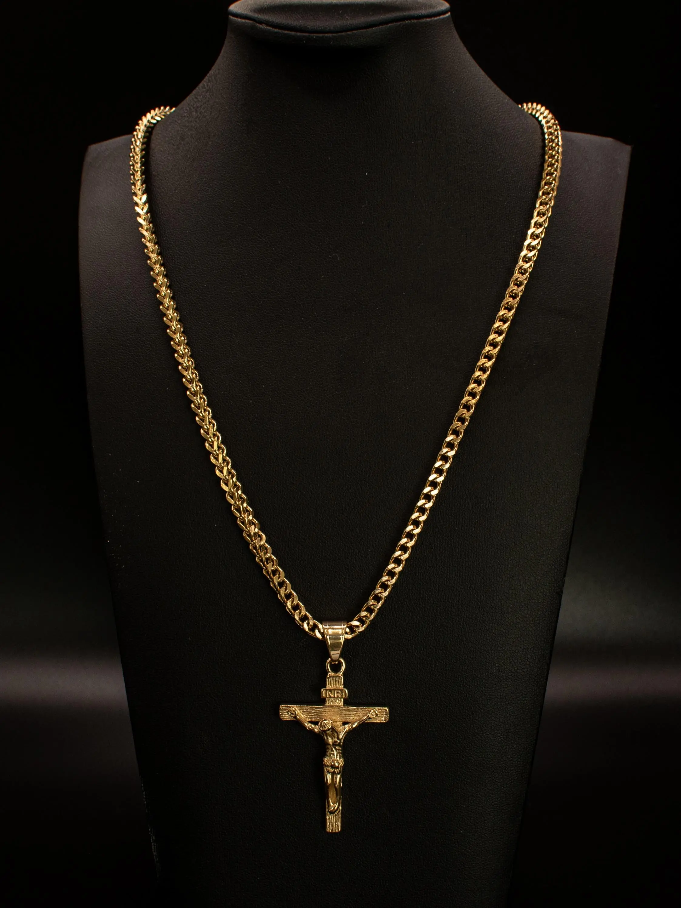 Gold Filled Crusifix Pendant On A 4mm Franco Chain Waterproof Mens Necklace