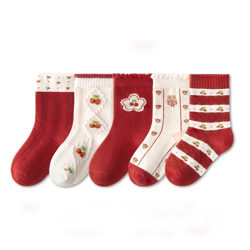 Adorable Baby Girls Cherry Design Cotton Socks - Soft Breathable Cherry Red & White Design Set of 5 or 10 Pairs - Age 1 to 8 Years Old