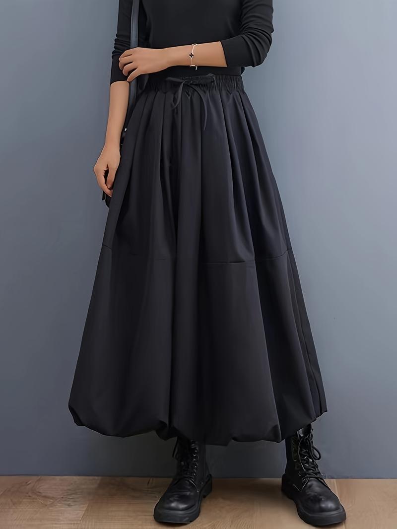 Product Introduction of Women's Elegant Black Maxi Skirt - Solid Color, A-Line Silhouette with Pockets, Polyester, Machine Washable, Ideal for Spring/Summer 3