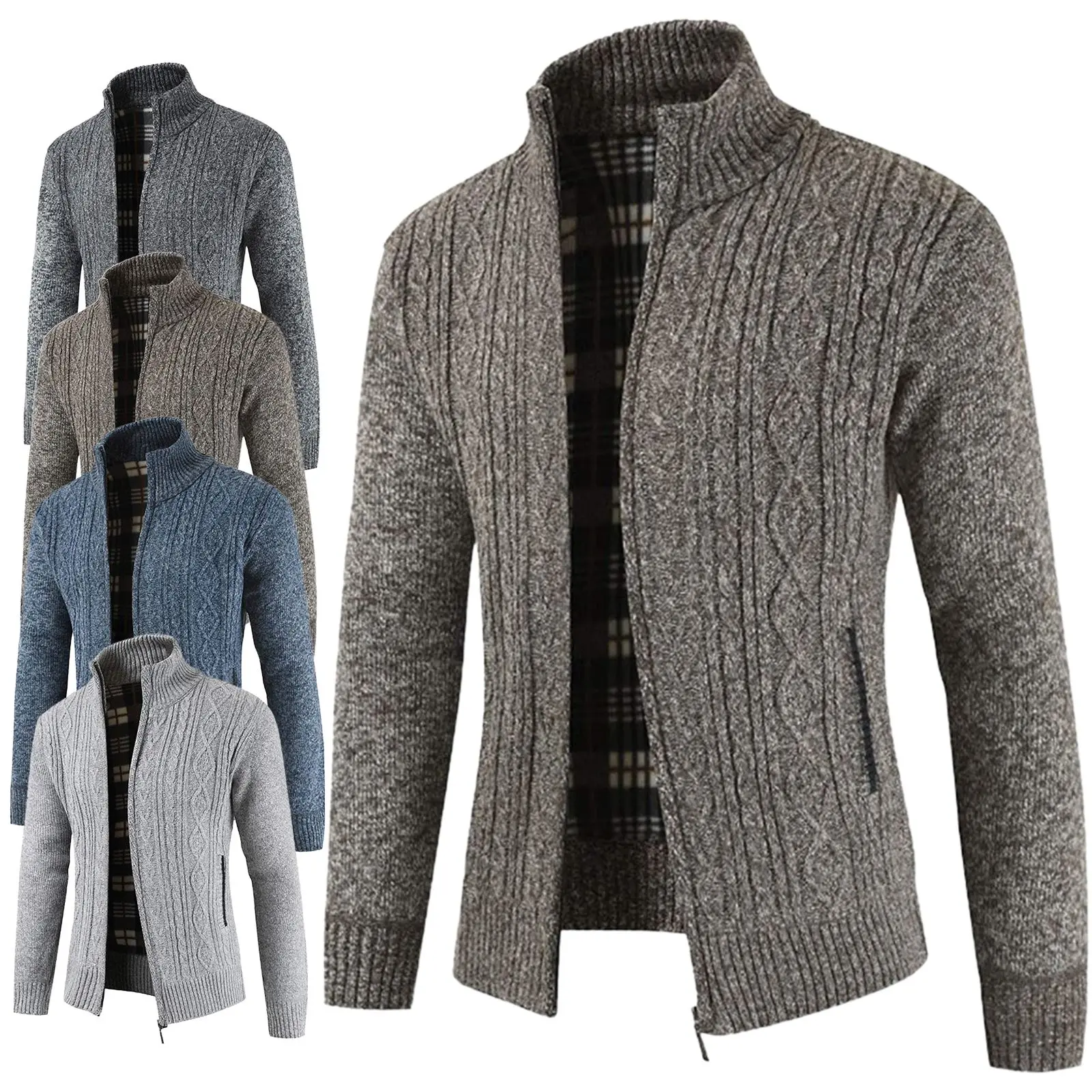 Mens Cable Knit Insulated Fleece Lined Zip Cardigan Knitted Full Zip Warm Thermal Jumper Long Sleeve Menswear