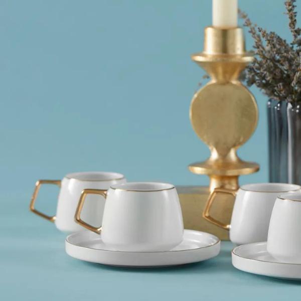 Karaca Saturn 12 Piece Porcelain Espresso Turkish Coffee Cup Set for 6 People, 100ml, White Gold Classic Drinkware 3