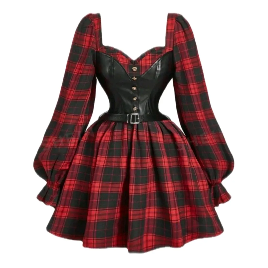 Goth Vintage Red & Black Plaid Patchwork PU 2in1 Button Waist Belt Bustier Dress for Women - Formal, Womenswear Long Sleeve