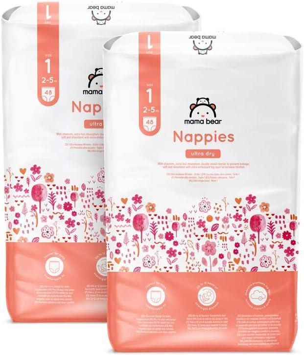 Ultra Dry Nappies, Size 1 (2-5 kg), 96 Count (2 Packs of 48), White, Monthly Pack 0