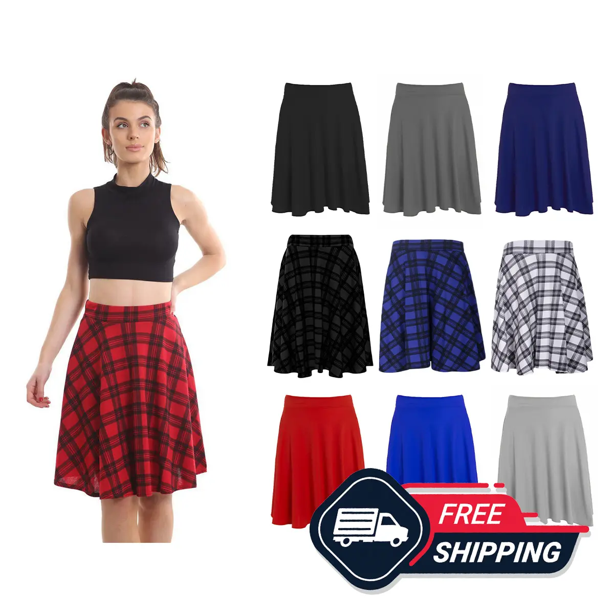 EFTINAN Womens Pleated Waist Band Flared Swing Skater Skirt Stretchy Versatile UK 8-26
