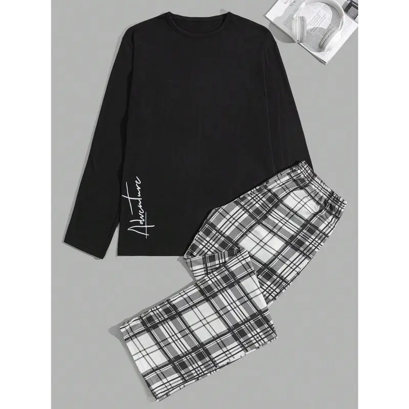 Cottnline Men's Minimalist Cozy Printed Long Sleeve T-Shirt And Pants Sleepwear Set Loungewear Menswear 0