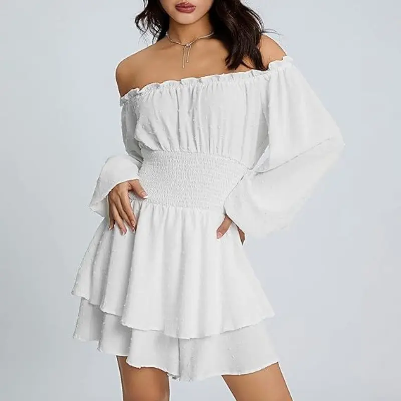 Valentine's Day Women's Chic Swiss Dot Frill Trim Shirred Bishop Sleeve Romper, Galentine Party Outfit, Elegant Valentine's Day Style Square Neck Romper for Spring & Fall, Valentine's Day Outfit, Valentine's Day Gift for Girlfriend or Wife 2