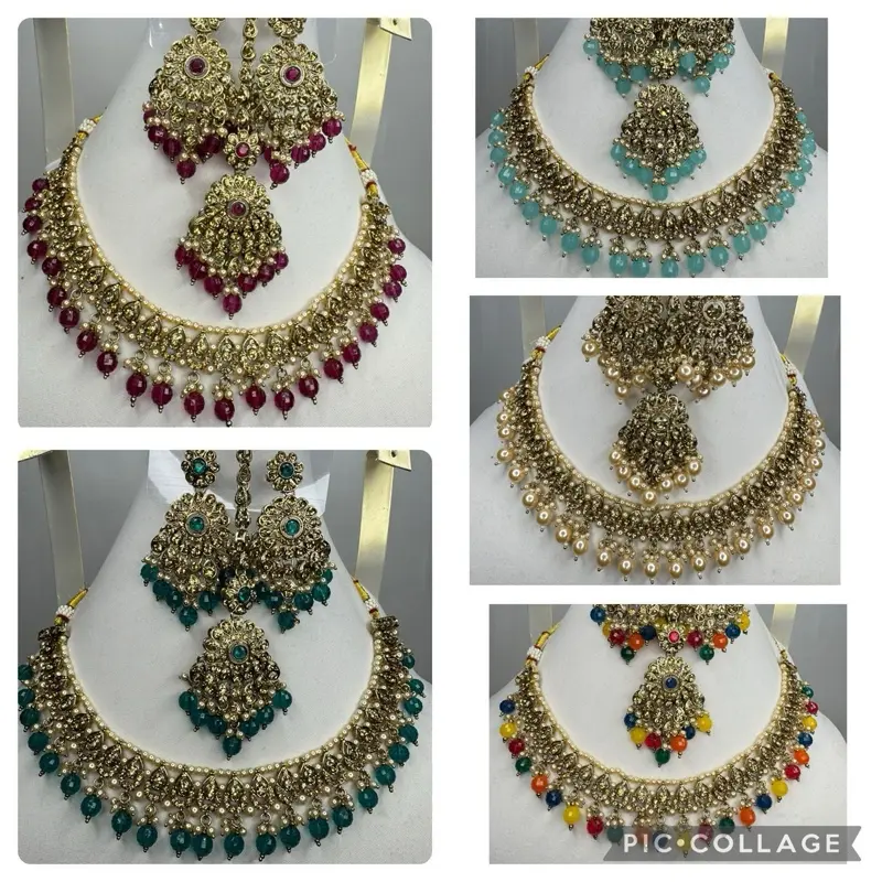SN89 Mixed Ladies Coloured Stone Pearls Beads Necklace Earrings And Tikka Set Bridal Party Wear Indian Pakistani Wedding Jewellery