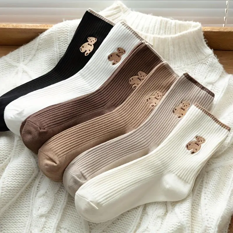 Bear Pattern Socks, Cute & Breathable Mid Tube Socks, Women's Stockings & Hosiery