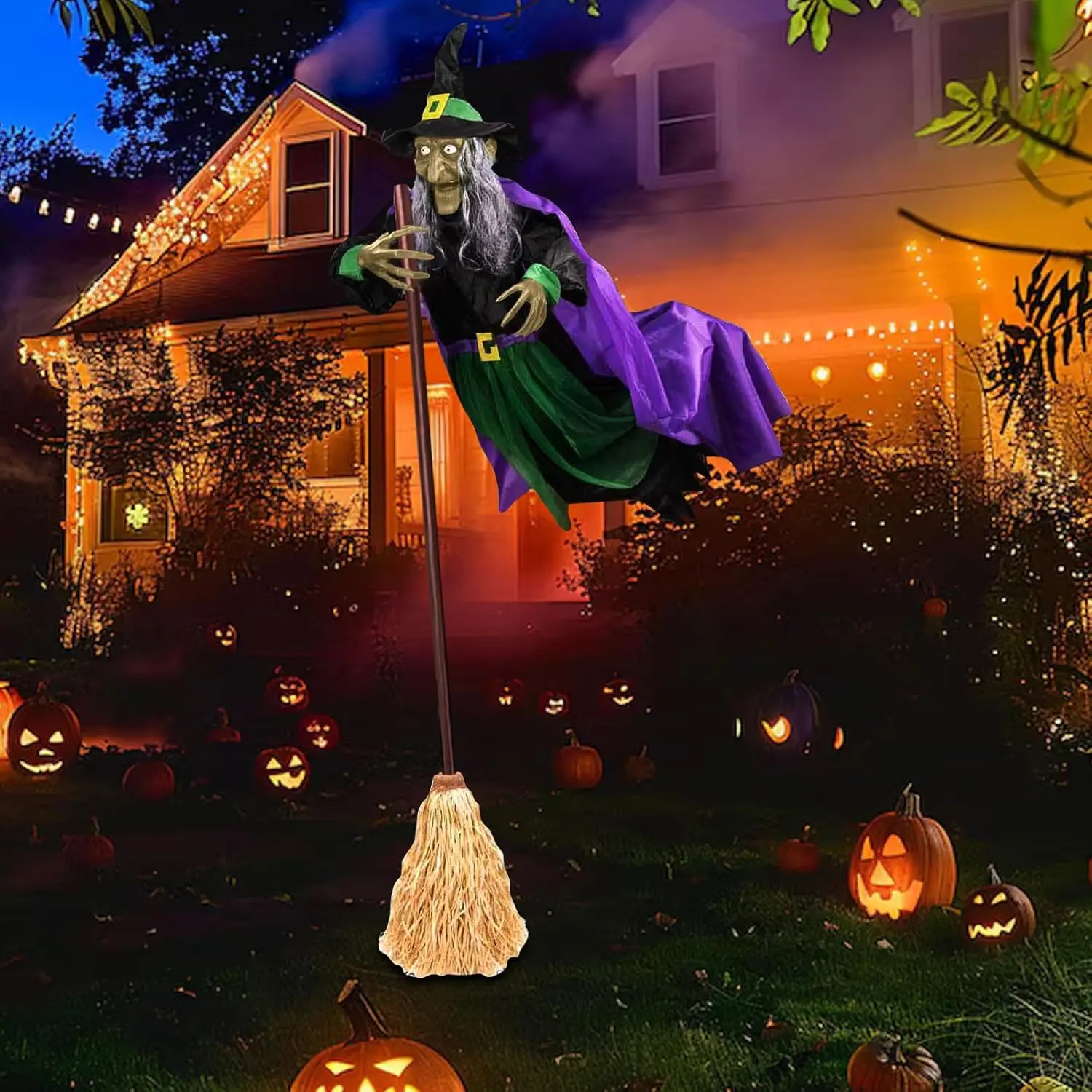 Flying Witch Animatronics for Halloween | Hovering Witch Prop with Scary Sounds & Lights | Outdoor Halloween Decoration for Garden, Yard, Lawn | Spooky Animatronic Witch on Broomstick Set Ornaments | Fairy