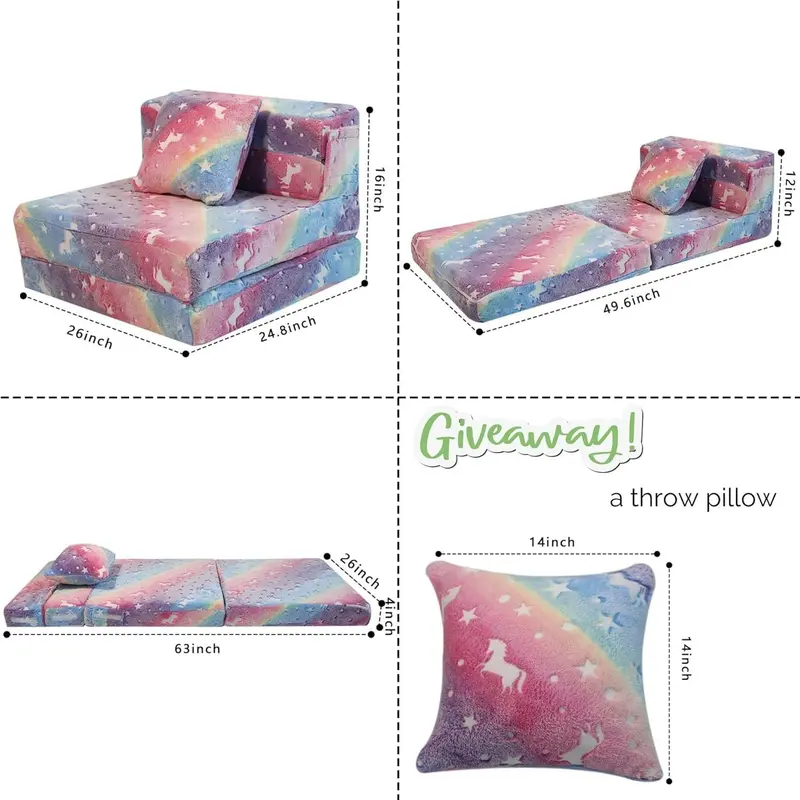 Kids Sofa Bed, Toddler Floor Mattress Glow in The Dark, Baby Modular Unicorn Couch, Fold Up Children Sofa Convertible Futon Folding Mattress Chair Bed for Playroom [Plus A Free Gift] 2
