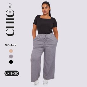 ChicHero Premium Ribbed Thicker Jersey Stretch Wide Leg Comfy Casual Trousers With Drawstrings and Pockets