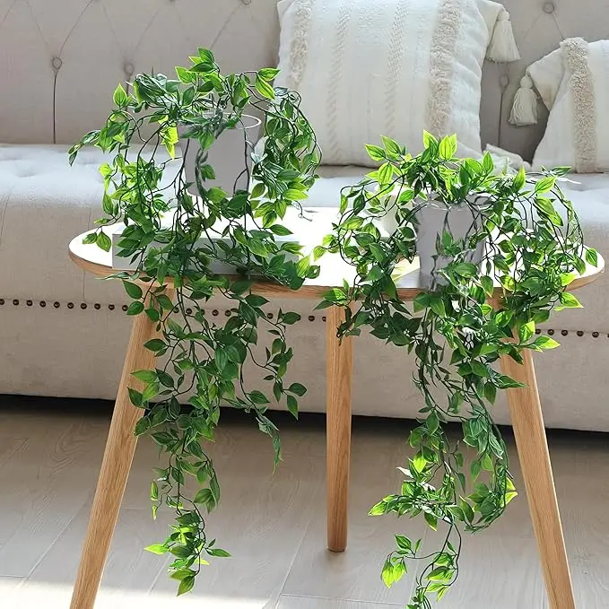 Artificial Hanging Plants Pack of 2 with White Pots Fake Plant Datura Vines Leaves Potted Decor Home Decoration for Indoor Outdoor Wall Room Patio Office Table Shelf Gifts for Christmas Easter Decorative Fruit Ornaments Faux 3