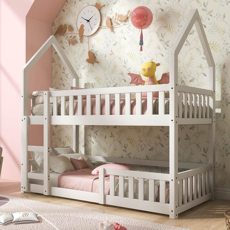 BTM Luxury UK New Bunk Bed Twin Sleeper Bed with Ladder, Solid Wood Frame 3FT Single bed, Gaming Bed, Castle-shaped Bed 90 x 190 cm Children's Bed room Furniture, Wooden Bed Frame for Kids Children 3
