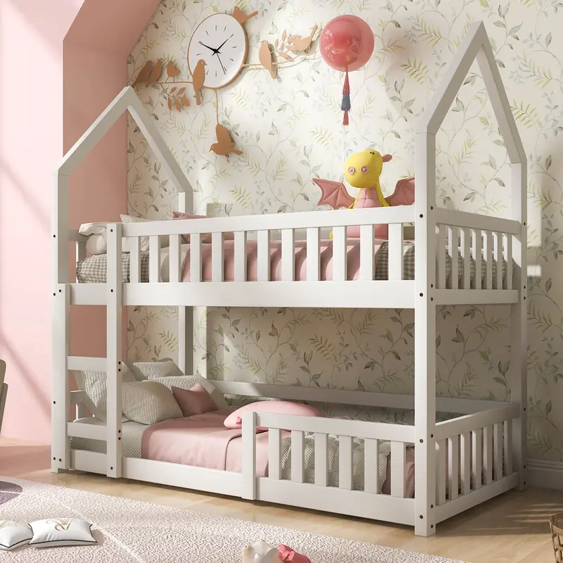 BTM Luxury UK New Bunk Bed Twin Sleeper Bed with Ladder, Solid Wood Frame 3FT Single bed, Gaming Bed, Castle-shaped Bed 90 x 190 cm Children's Bed room Furniture, Wooden Bed Frame for Kids Children 3