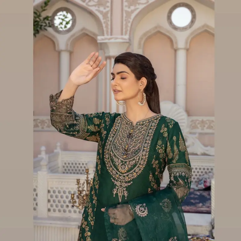 Beautiful Party Wear Embroidered & Digital Print 3pc Suit With Printed Gharara & Embroidered Net Dupatta 3