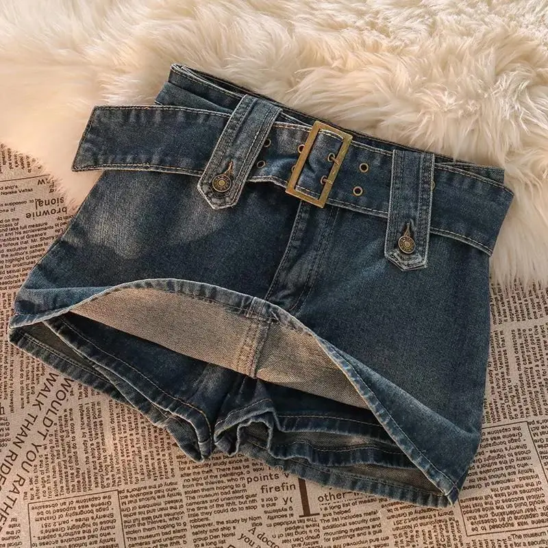 Gidyq Vintage Women Denim Mini Skirt Summer Solid Belt Sexy Jeans Skirts Female Casual Ball Gown Korean Slim A Line Skirts New kendrick  flare  jeans kendrick  flare  jeans